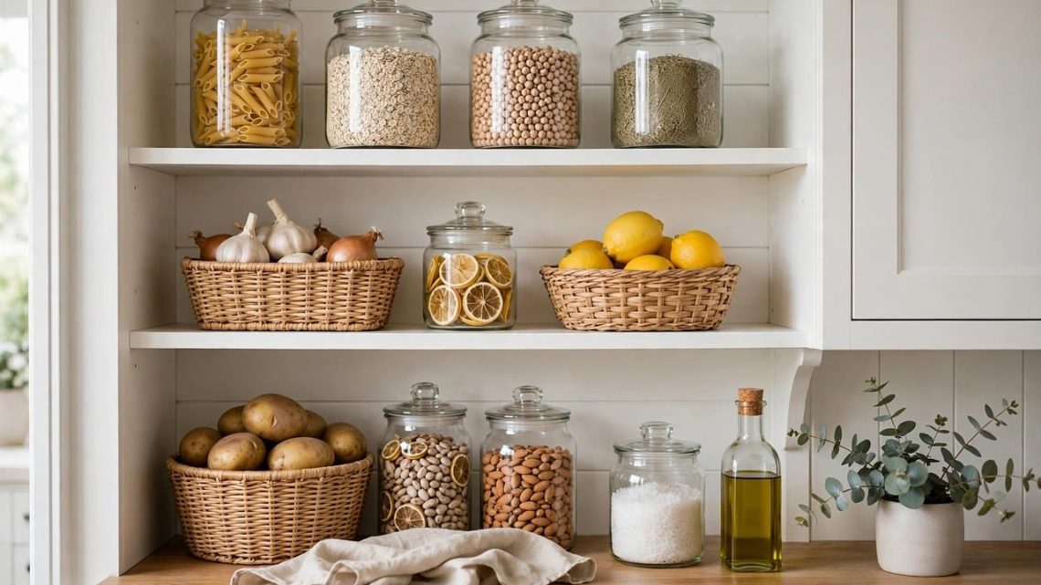 Penyimpanan bahan makanan di rak dapur