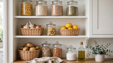 Penyimpanan bahan makanan di rak dapur
